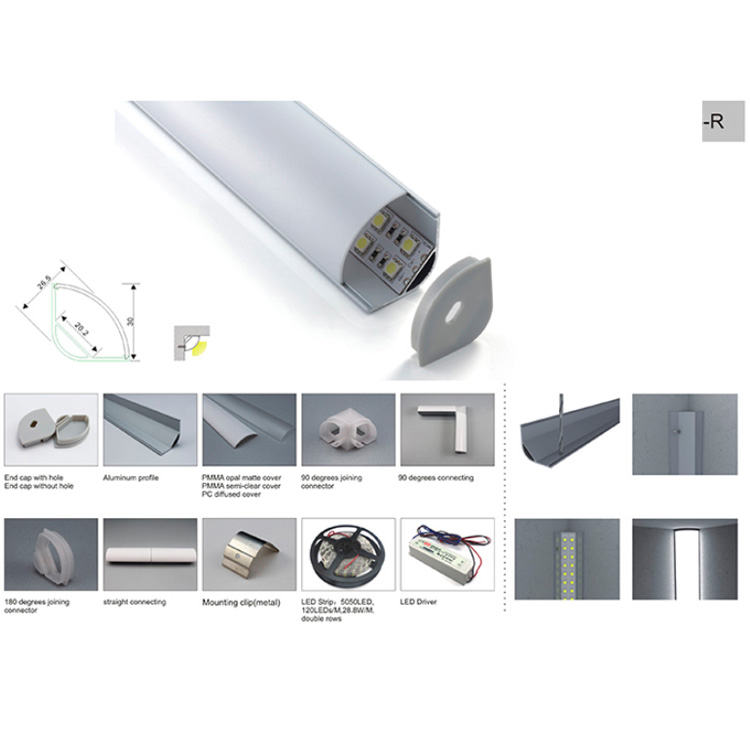 Corner Aluminum LED Channel Diffuser For 20mm Multi-Row White LED Tape Lights Corner Aluminum LED Channel Diffuser For 20mm Multi-Row White LED Tape Lights